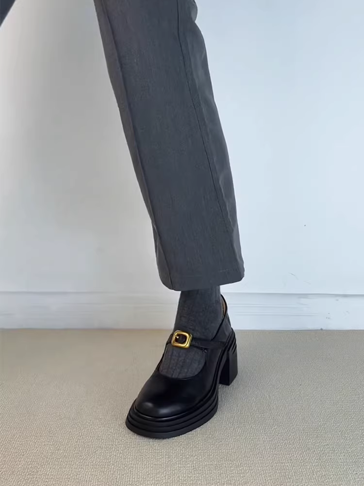 Phiên bản da cừu ~ giày lười tăng chiều cao đa năng dành cho phụ nữ nhỏ nhắn, giày da đế dày mũi tròn kiểu retro quai đơn