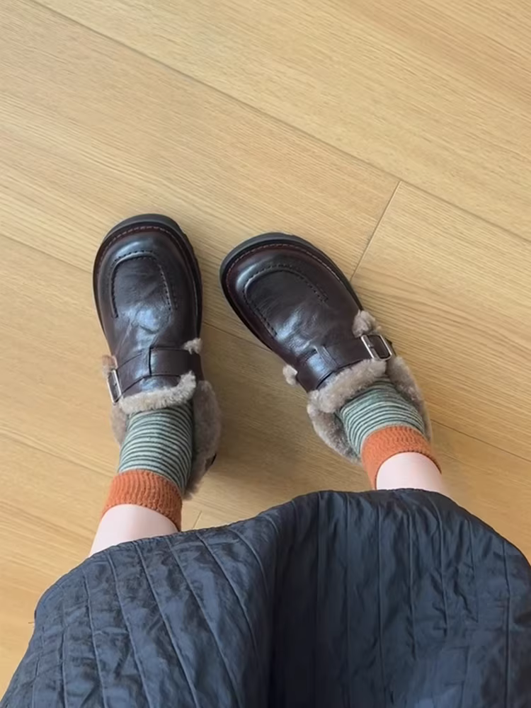 Phiên bản da cừu ~ Áo khoác ngoài mùa đông bằng lông cừu dày, giày cotton ấm áp, giày da thật mũi rộng kiểu Birkenstock, giày lông chống trơn trượt dành cho nữ