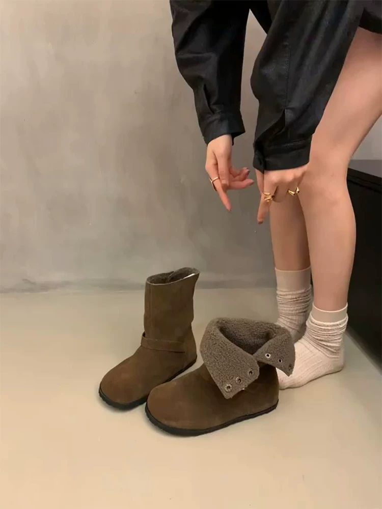 Phiên bản da bò ~ Giày bốt cotton ngắn tăng chiều cao bên trong bằng da mờ theo phong cách cổ điển dành cho nữ có khóa thắt lưng, có thể mang được hai kiểu, lót lông cừu, giày bốt Birkenstock ấm áp