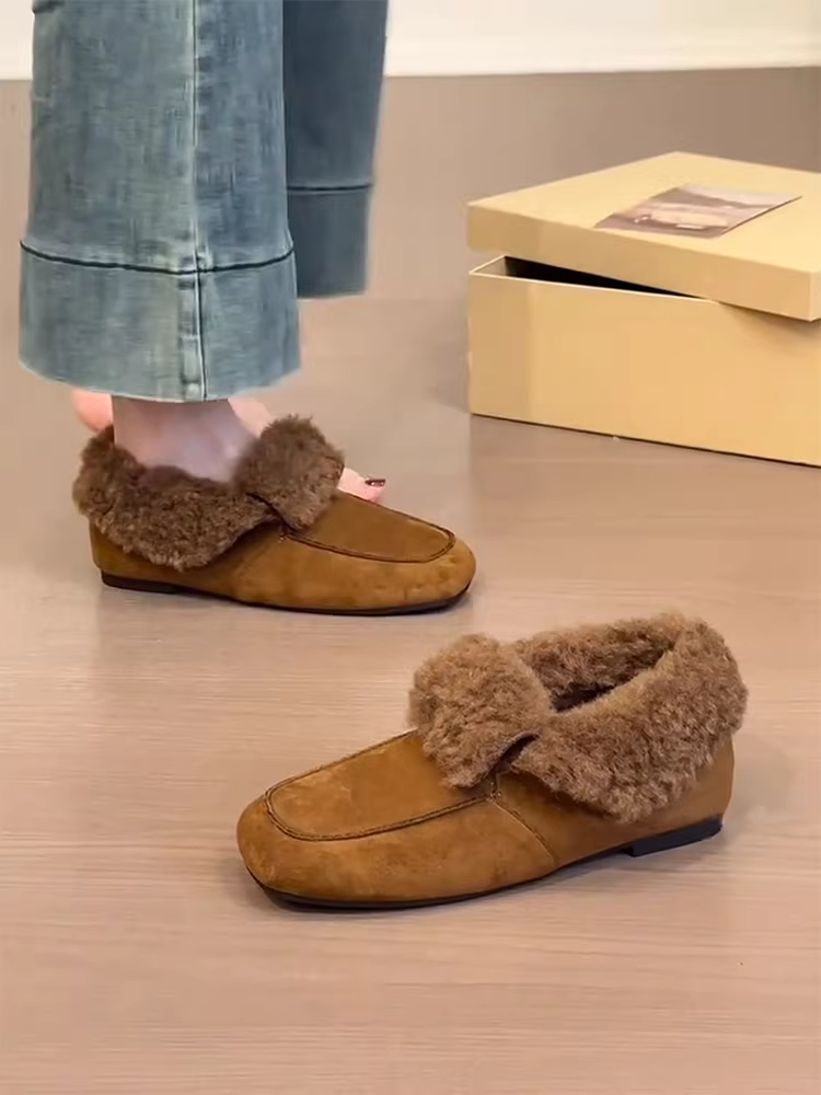 Phiên bản da cừu ~ Giày lười mũi vuông da lộn cổ điển mùa đông dành cho nữ, kiểu lười, lót lông cừu, thích hợp để mang ngoài trời, giày đơn tăng chiều cao.