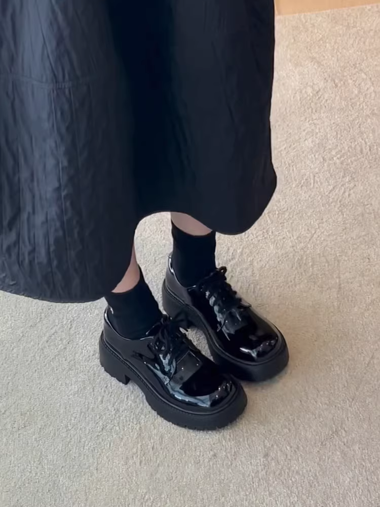 Phiên bản da cừu~ Giày derby đế dày bằng da sáng chế kiểu Anh dành cho nữ, giày da mũi rộng đa năng kiểu Nhật Bản, giày lười buộc dây