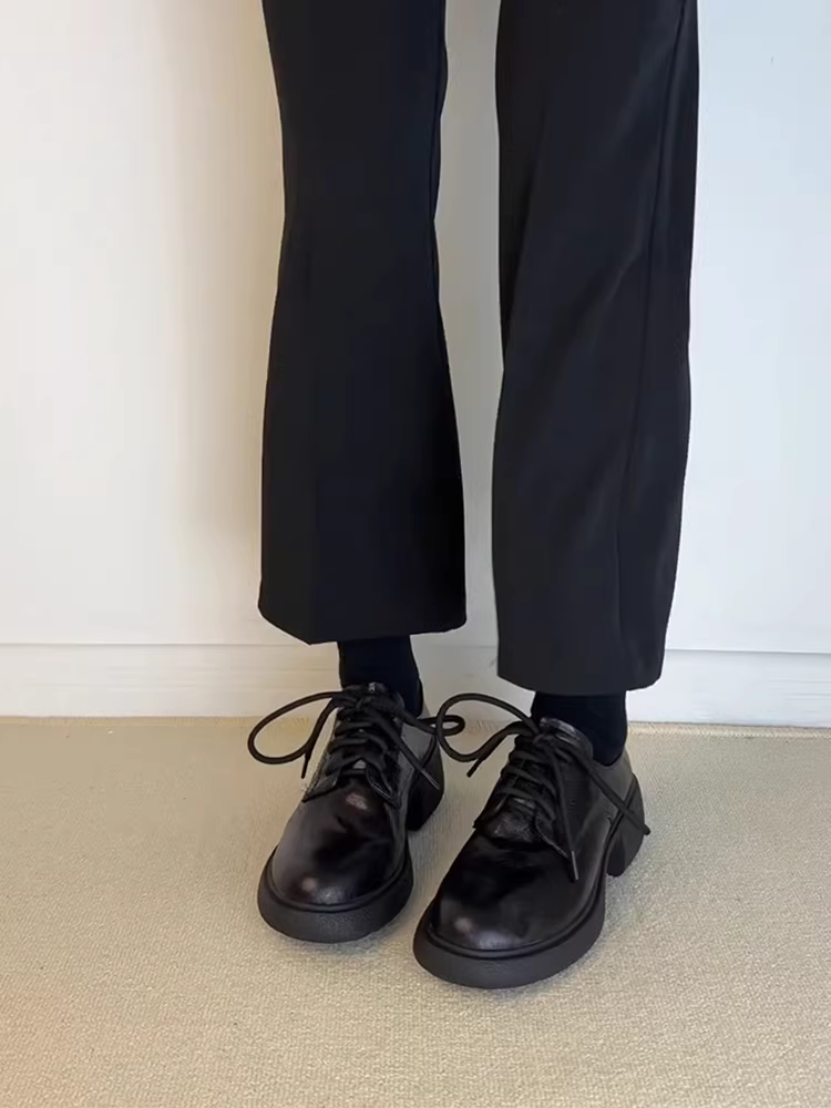 Phiên bản da bò ~ Giày da nhỏ có dây buộc kiểu Anh dành cho nữ, giày da thật đa năng, đế lốp êm ái, mũi tròn, giày đi làm