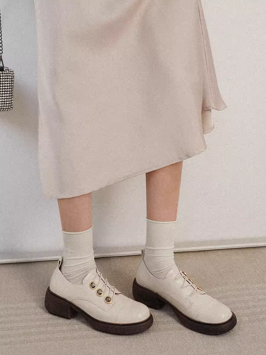 Phiên bản da cừu ~ Giày da nhỏ kiểu Anh thiết kế độc đáo dành cho nữ, mũi tròn, gót dày, đế dày, kiểu lười JK