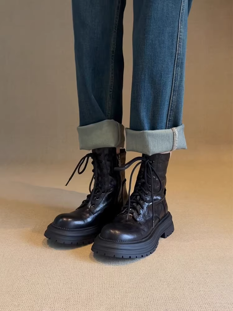 Phiên bản da bò ~ Giày bốt Martin đế dày mũi tròn bằng da thật dành cho nữ, đa năng, thon gọn, buộc dây, bốt ngắn phong cách cổ điển kiểu Anh