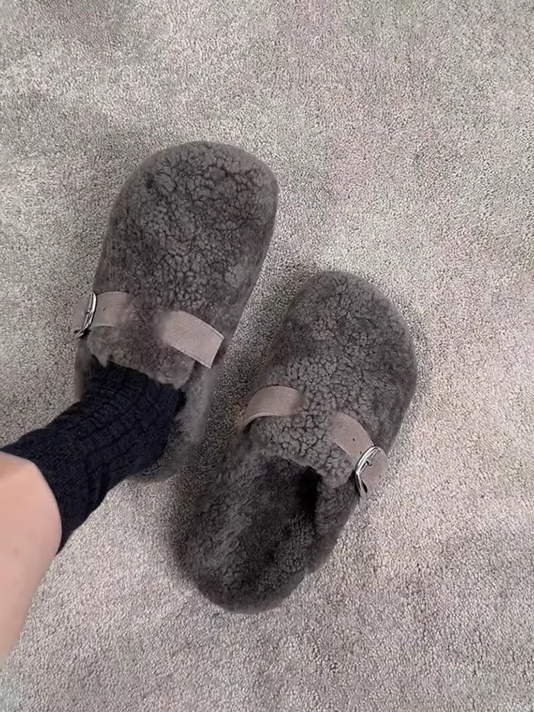 Phiên bản da cừu ~ Giày Birkenstock lông màu xám cổ điển, áo khoác ngoài bằng len cừu, giày cotton mùa đông đế bằng ấm áp thoải mái dành cho nữ
