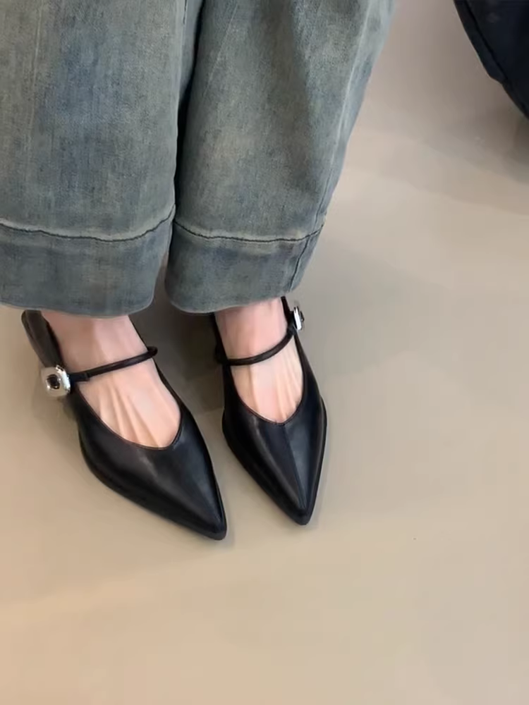 Phiên bản da cừu ~ Giày Mary Jane mũi nhọn kiểu cổ điển dành cho nữ có khóa, giày đế thấp bằng da thật có gót dày.