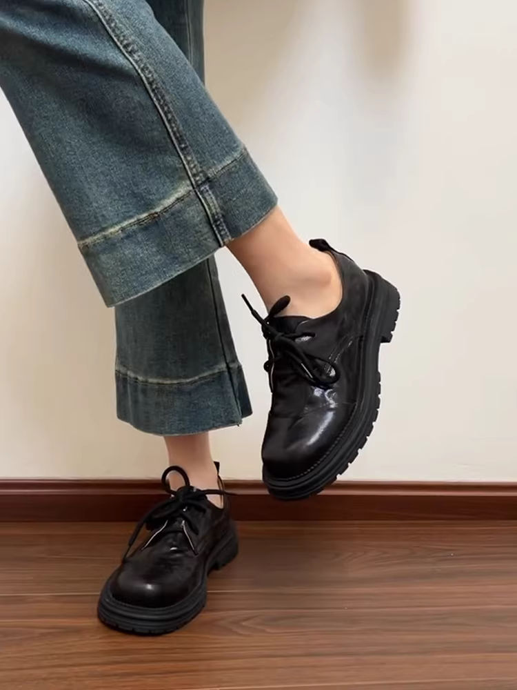 Phiên bản da cừu ~ Giày da nhỏ buộc dây kiểu Anh cổ điển dành cho nữ, giày lười đế dày đơn giản bằng da thật màu đen đa năng