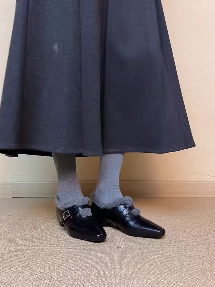 Phiên bản da cừu ~ Giày đơn mũi nhọn kiểu Pháp thanh lịch tăng chiều cao dành cho nữ, giày lông xù kiểu lười, giày đế bằng lót lông cừu ấm áp.