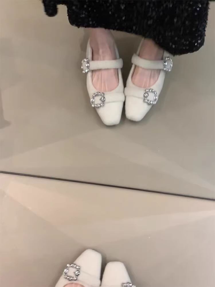 Phiên bản da cừu ~ Giày đơn có dây đeo kiểu cổ tích kiểu Pháp, mũi vuông, lót lông cừu, tăng chiều cao dành cho nữ, giày Mary Jane nhẹ nhàng