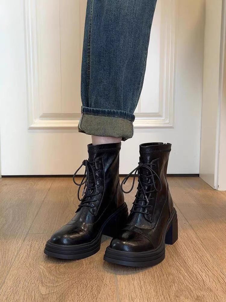 Phiên bản da bò ~ Giày bốt Martin đế dày cao gót đa năng, phong cách dành cho nữ, giày bốt ngắn có dây buộc bằng da thật không thấm nước có dây kéo bên hông