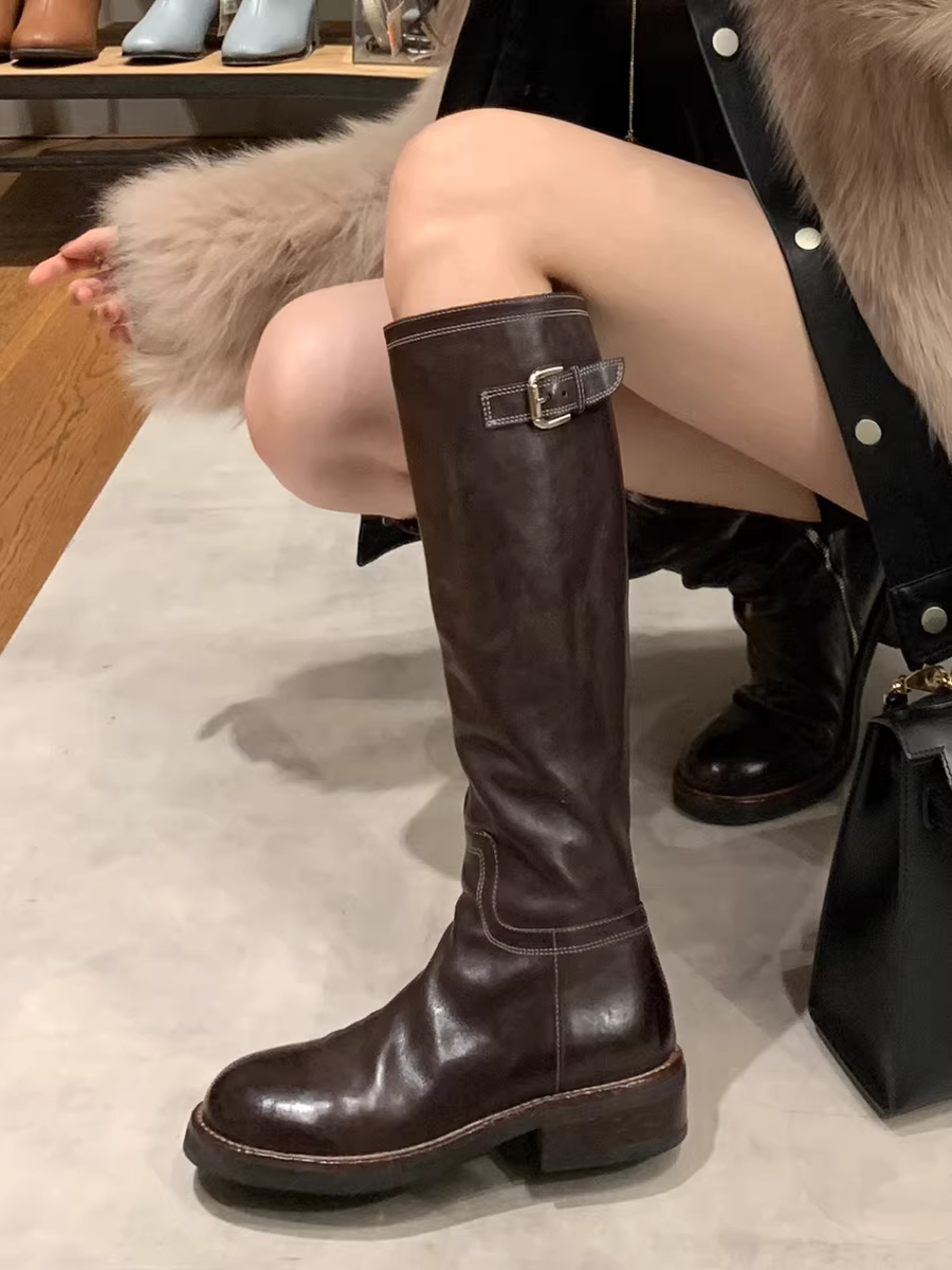 Da đã qua xử lý ~ da thật màu đen cổ điển bốt cao cổ đa năng tôn dáng gót dày bốt cưỡi ngựa bốt cao cổ nữ bốt cao cổ