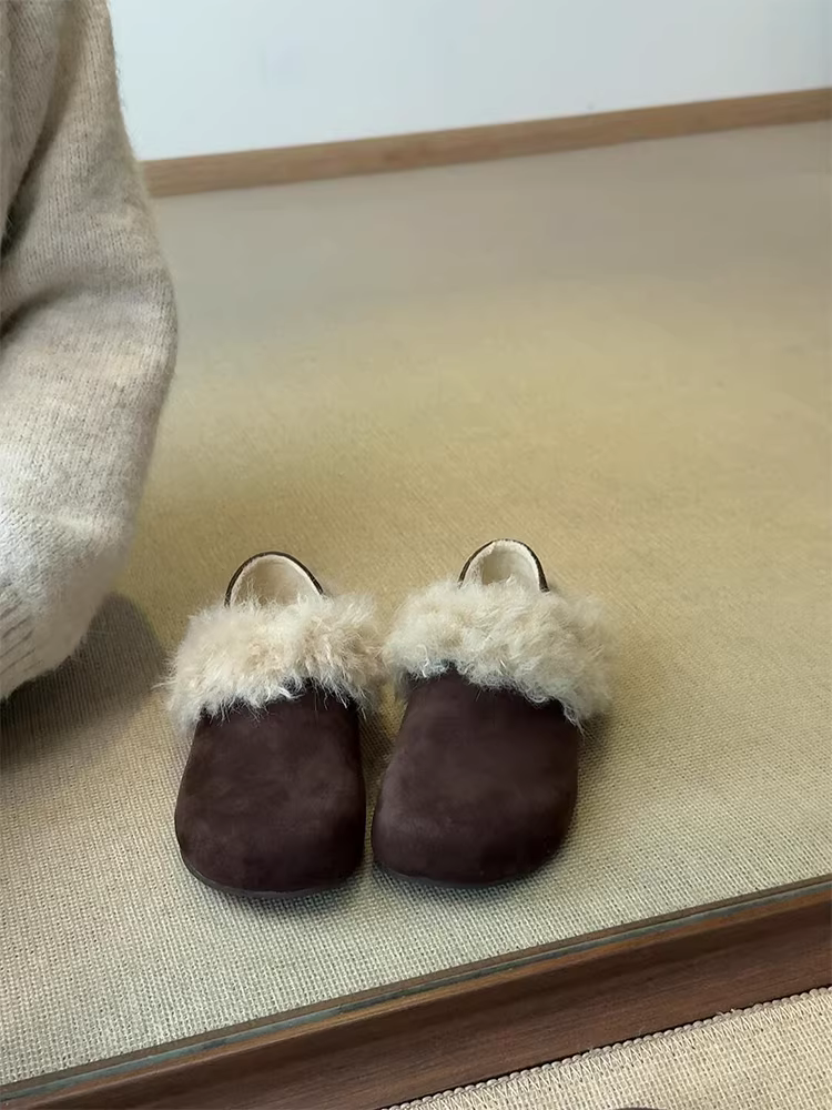 Phiên bản da cừu ~ Giày Birkenstock hai chiều, kiểu dáng cổ điển, chất liệu da lộn, đế dày, lót lông mềm mại, giày cotton thời trang, phong cách giản dị dành cho nữ.