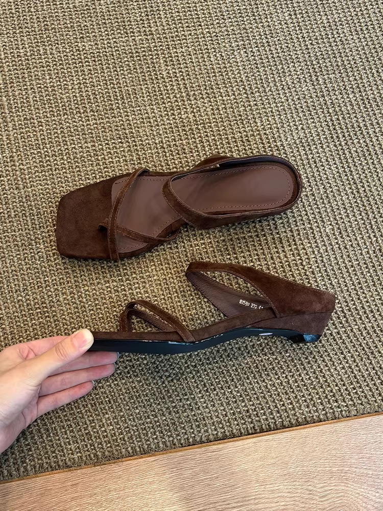 Phiên bản da cừu ~ Dép quai ngang đơn giản bằng da thật dành cho nữ, dép mùa hè kiểu cổ điển mũi vuông gót cao đế xuồng đi ngoài trời