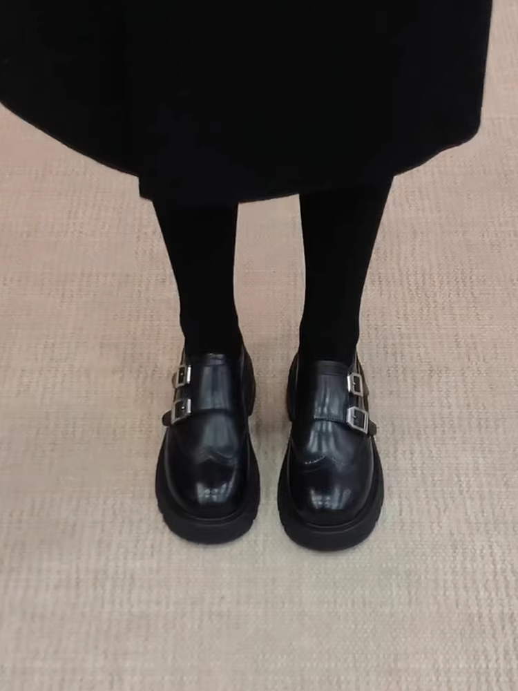 Phiên bản da cừu ~ Giày lười da thật kiểu Anh, kiểu dáng độc đáo, dành cho nữ, có khóa thắt lưng, kiểu brogue, đế dày, mũi tròn, giày da nhỏ.