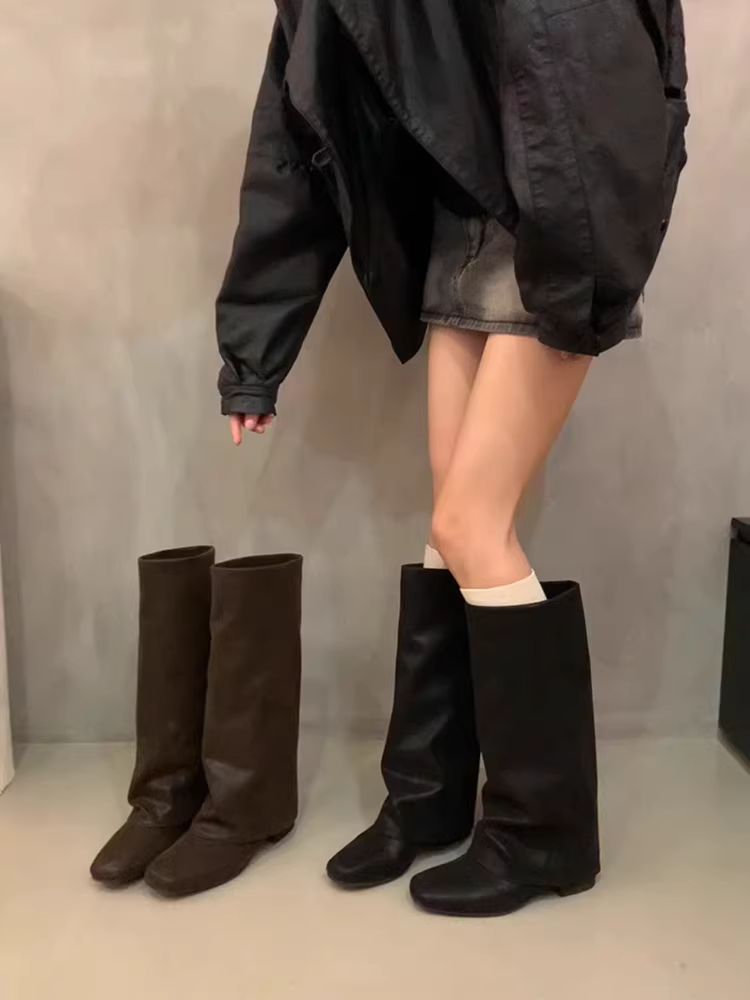 Phiên bản da bò ~ Giày bốt cổ cao kiểu cổ điển có gót dày dành cho nữ, giày bốt mũi vuông kiểu Anh, giày bốt da thật trên đầu gối.