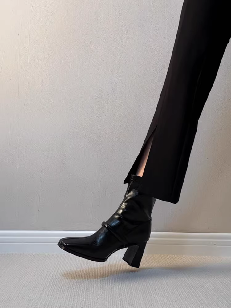 Phiên bản da bò ~ Giày bốt thon gọn mũi vuông kiểu Anh dành cho nữ, giày bốt ngắn đi làm có dây kéo phía sau đơn giản, gót dày