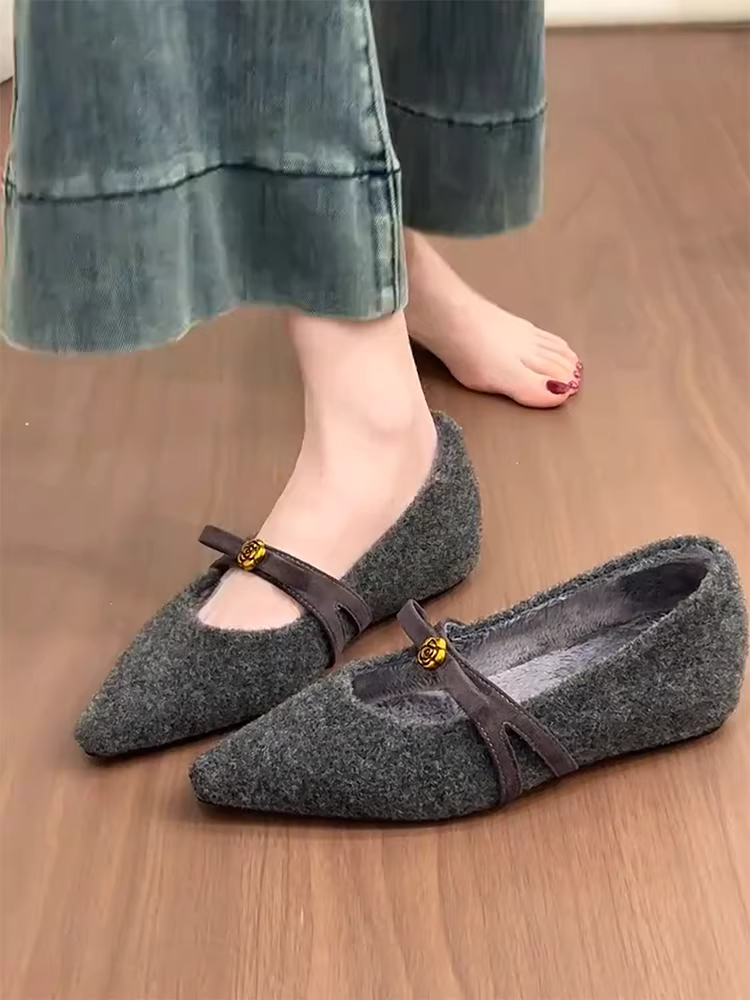 Phiên bản da cừu ~ Giày Mary Jane quai đơn cao cấp màu xám kiểu Pháp có hoa trà và nơ, giày đế bằng thon gọn dành cho nữ