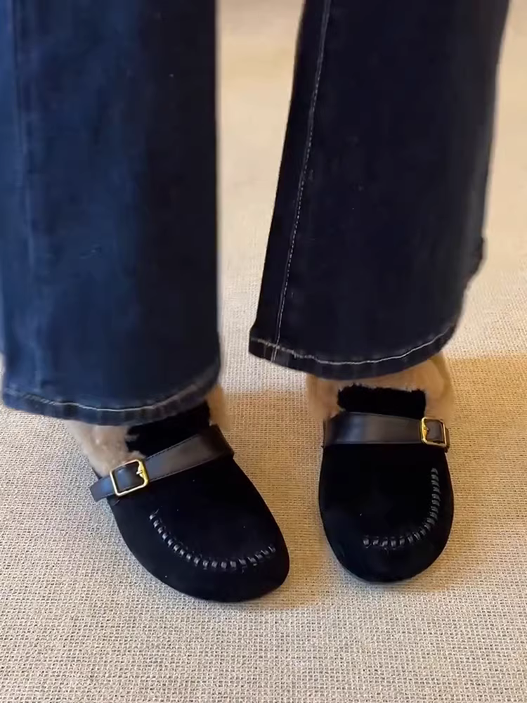 Phiên bản da cừu ~ Giày lười mũi tròn dệt mới dành cho nữ, kiểu lười đi dễ dàng, gót dày, giày lót lông cừu màu đen đa năng, ấm áp