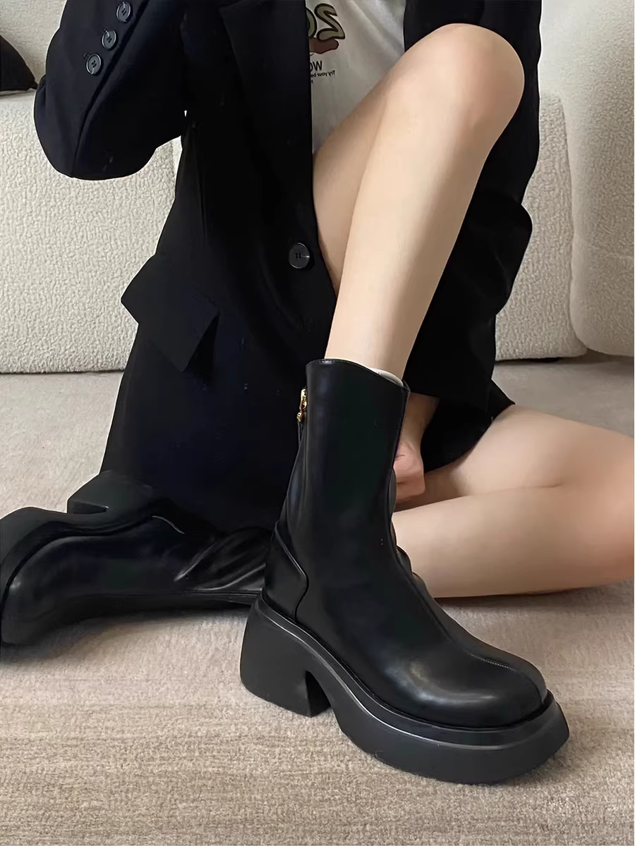 Giày bốt Chelsea da thật Pear Xiaoqi~v-mouth có gót dày, bốt ngắn đế dày, bốt ôm dáng co giãn có khóa kéo phía sau, bốt Martin dành cho nữ.