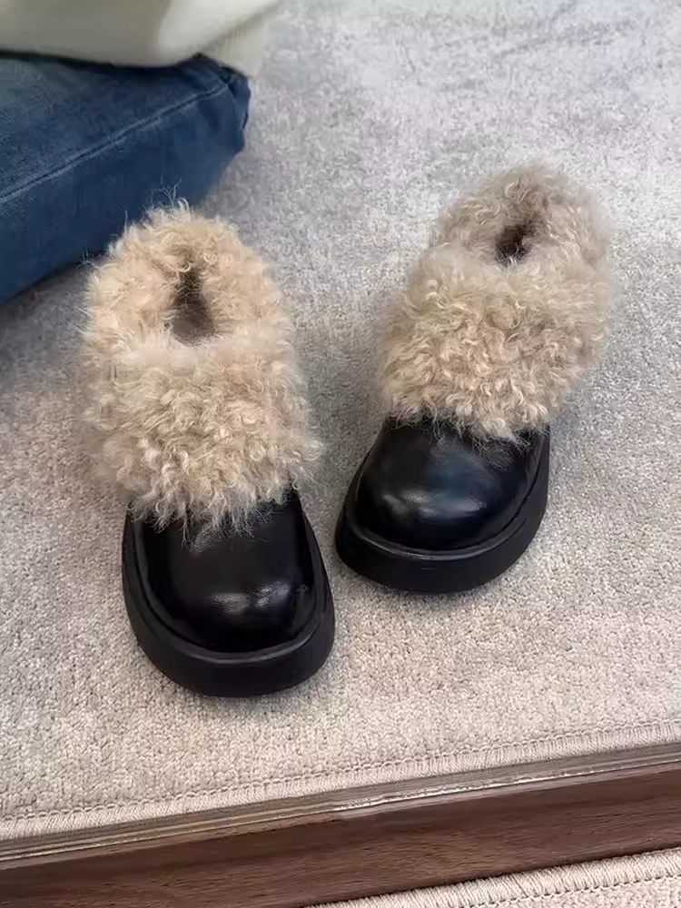 Phiên bản da cừu ~ Giày lười đế dày lông thú thời trang dành cho phụ nữ nhỏ nhắn, giày lười đa năng kiểu cổ điển bằng da thật đơn giản