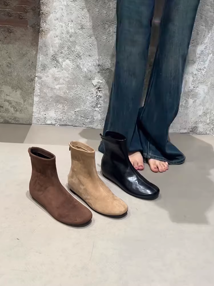 Phiên bản da bò~ Giày bốt mỏng thời trang mũi tròn kiểu Pháp dành cho nữ, khóa kéo phía sau kiểu cổ điển, giày bốt co giãn có khóa kéo phía sau tăng chiều cao bên trong đơn giản