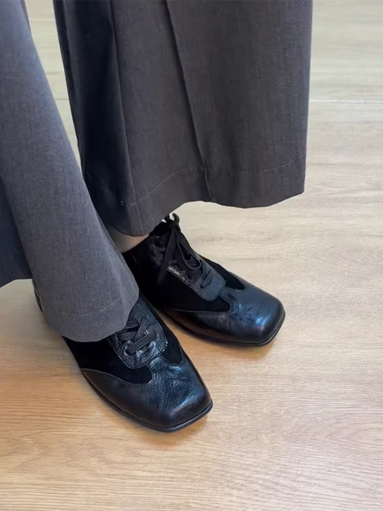 Phiên bản da cừu ~ Giày thể thao buộc dây miệng sâu bằng da thật mới, giày buộc dây mũi vuông phong cách cổ điển mùa xuân và mùa thu