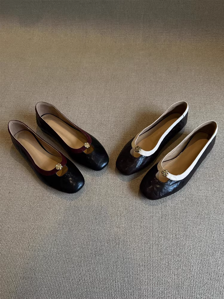 Phiên bản da cừu ~ Giày bệt hoa trà dành cho nữ, giày Mary Jane mũi tròn nông kiểu Chanel cổ điển kiểu Pháp