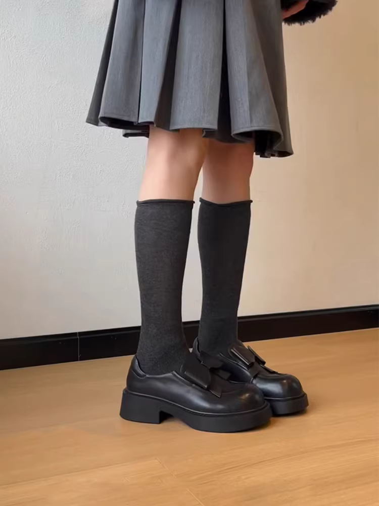 Phiên bản da cừu ~ Giày lười da thật có nơ lớn dành cho nữ, mũi tròn, đế dày, giày da nhỏ tăng chiều cao