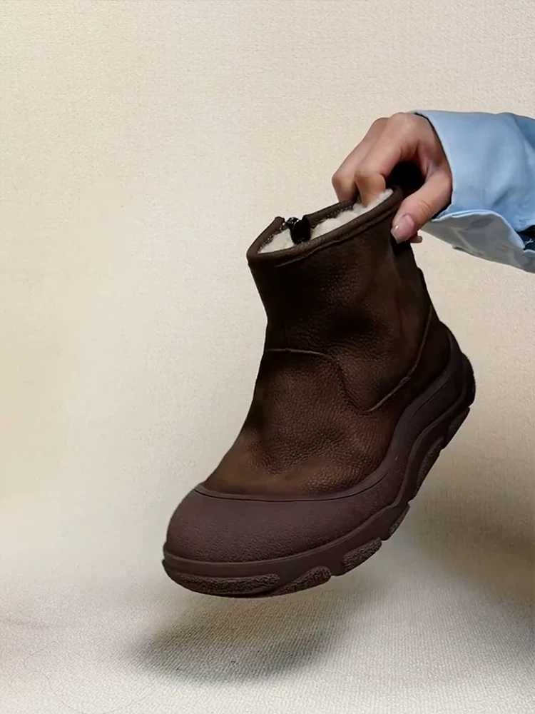 Phiên bản da bò ~ Giày nữ kiểu Birkenstock cổ điển dễ thương và độc đáo với lớp lót lông mềm, khóa kéo bên dày, ủng cotton da thật, ủng đi tuyết đế bằng thoải mái.