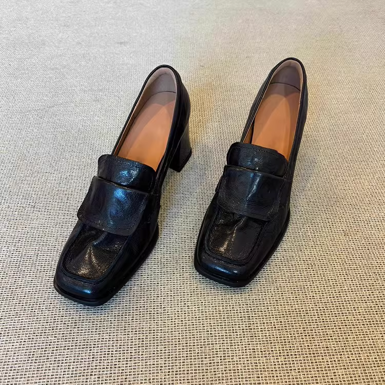 Phiên bản da cừu ~ Giày da thật mũi vuông kiểu cổ điển nghệ thuật dành cho nữ, giày cao gót đi làm, giày lười đế dày