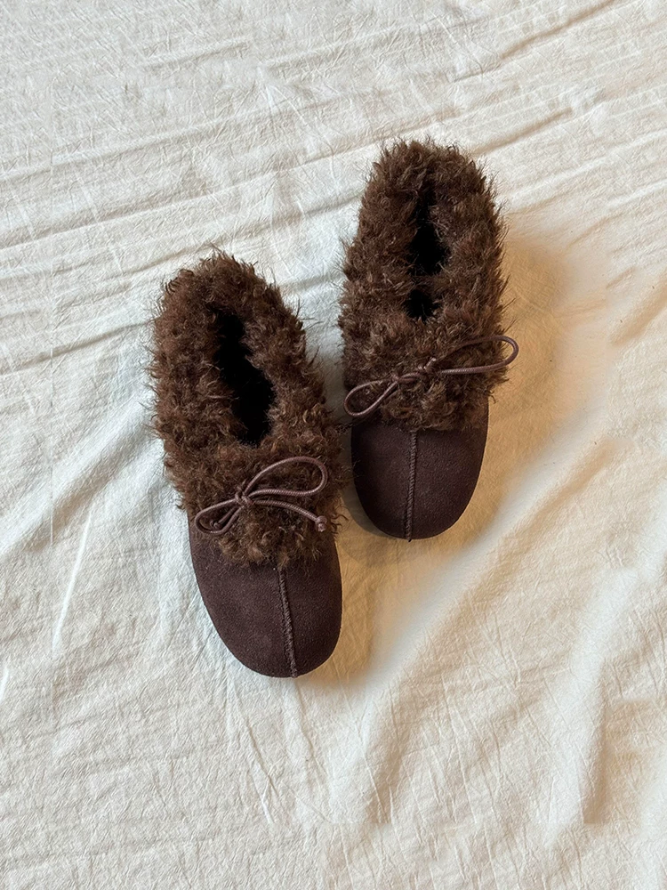Phiên bản da cừu ~ Không khí mùa thu đông, giày lông mềm mại và thanh lịch dành cho nữ, giày cotton ấm áp có lót lông cừu có nơ