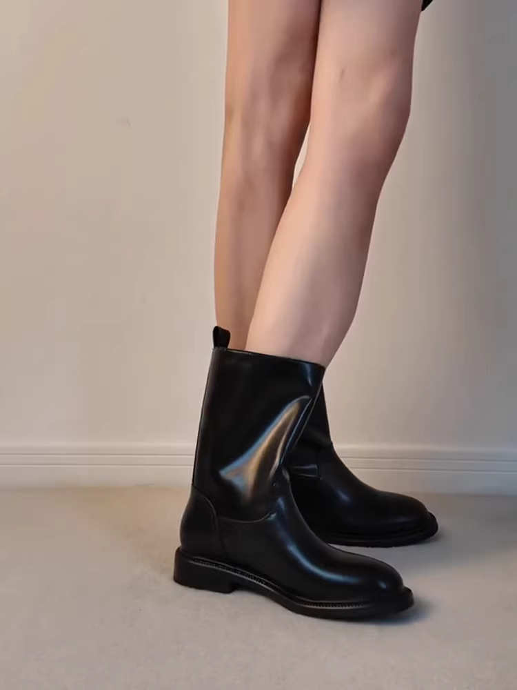 Phiên bản da bò ~ Giày bốt cưỡi ngựa đế dày cổ điển bằng da thật đơn giản và phong cách dành cho nữ, giày bốt cao đến giữa bắp chân kiểu Anh có gót dày kiểu Anh