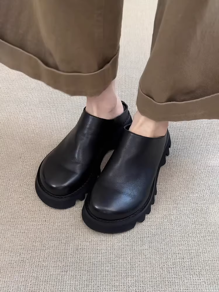 Phiên bản da cừu ~ Giày đế dày, mũi rộng, kiểu Birkenstock dành cho nữ, giày da thật đa năng kiểu retro, kiểu mules nửa gót có mũi kín.