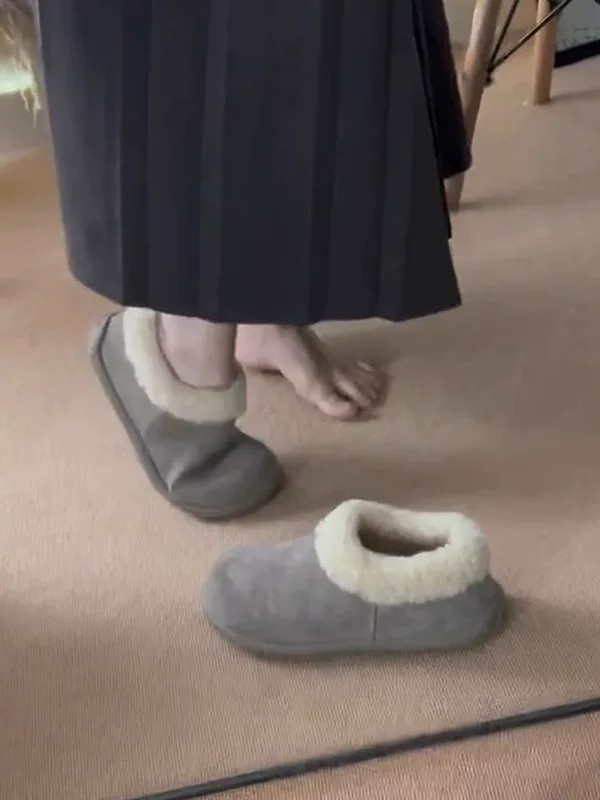 Phiên bản da cừu ~ Giày Birkenstock có lót lông cừu mùa đông, che phủ hoàn toàn, dành cho nữ, kiểu dáng đơn giản, dễ mang, giày đế bằng bằng vải len cotton thoải mái, mũi tròn
