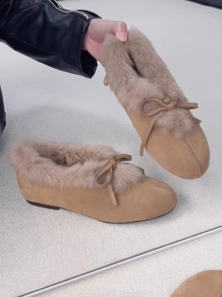 Phiên bản da cừu ~ Giày cotton kiểu dáng giản dị đa năng dành cho nữ, giày đế bằng bằng da lộn mũi tròn thắt nơ bằng len cừu