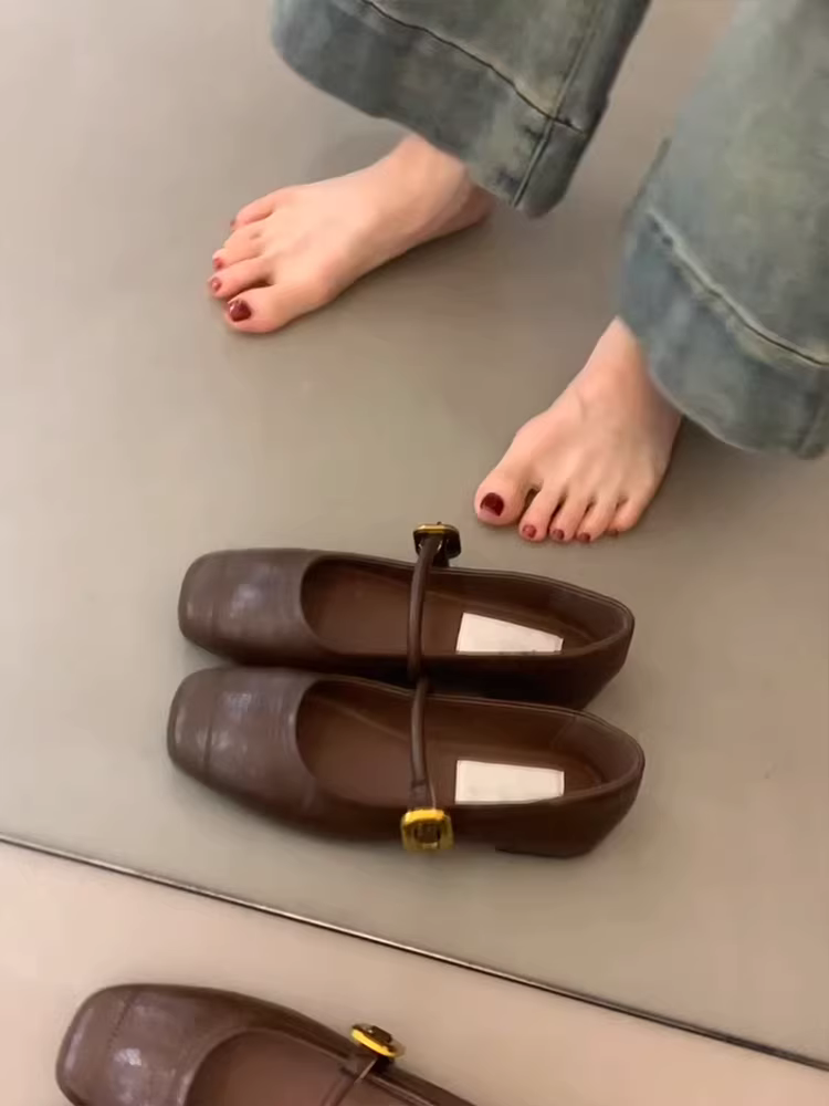 Phiên bản da cừu ~ Giày Mary Jane đế bằng phong cách cổ điển có khóa, mũi vuông, miệng nông, da thật, giày đi làm đa năng dành cho nữ