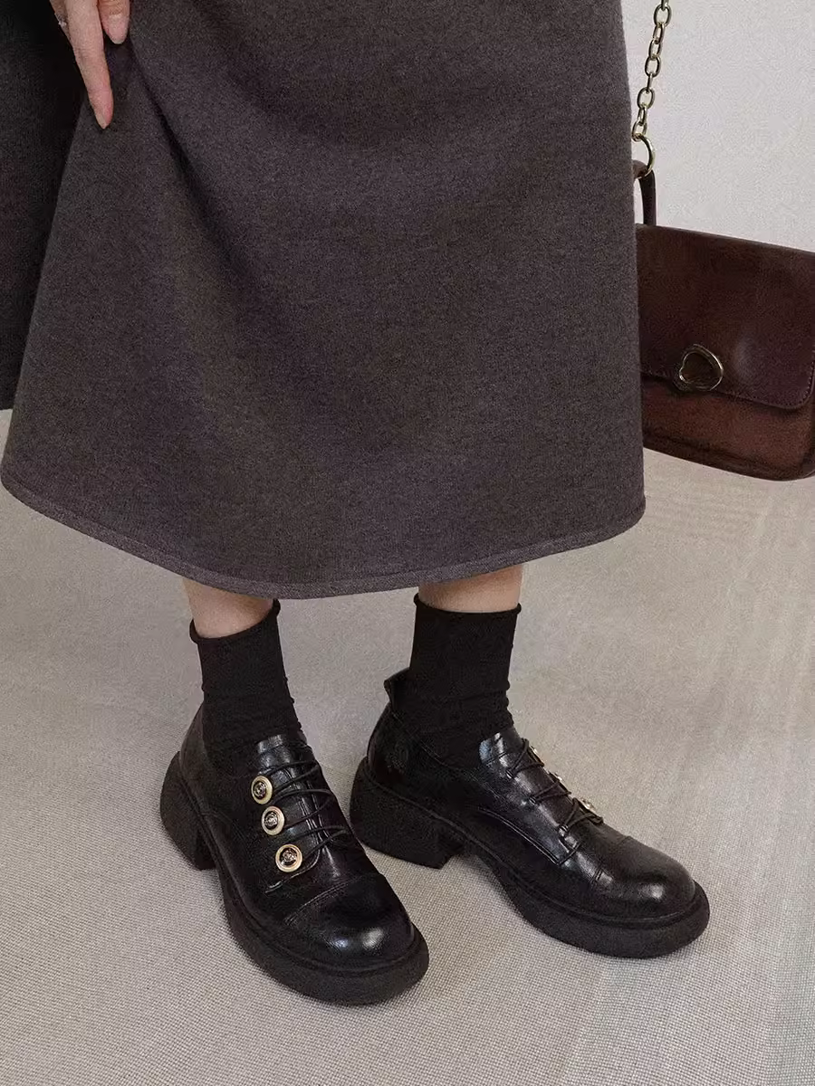 Phiên bản da cừu ~ Giày da nhỏ kiểu Anh thiết kế độc đáo dành cho nữ, mũi tròn, gót dày, đế dày, kiểu lười JK