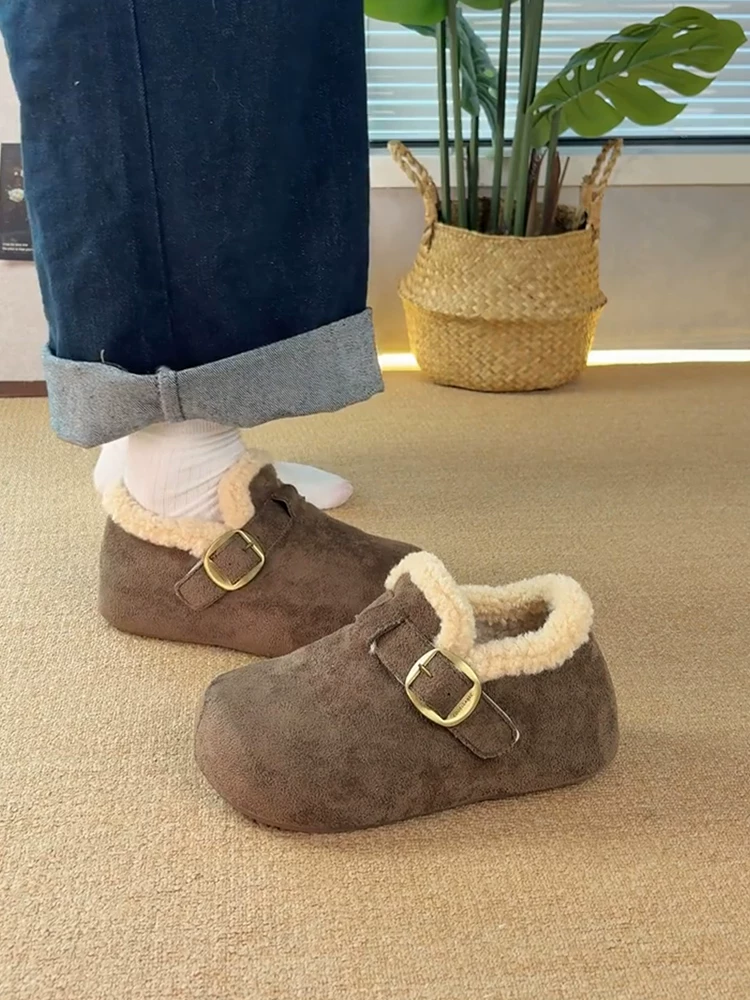 Phiên bản da cừu ~ Giày Birkenstock da lộn cổ điển dễ thương và độc đáo dành cho nữ với thiết kế tăng chiều cao ẩn, khóa thắt lưng, đế dày lót lông, giày cotton lót lông.