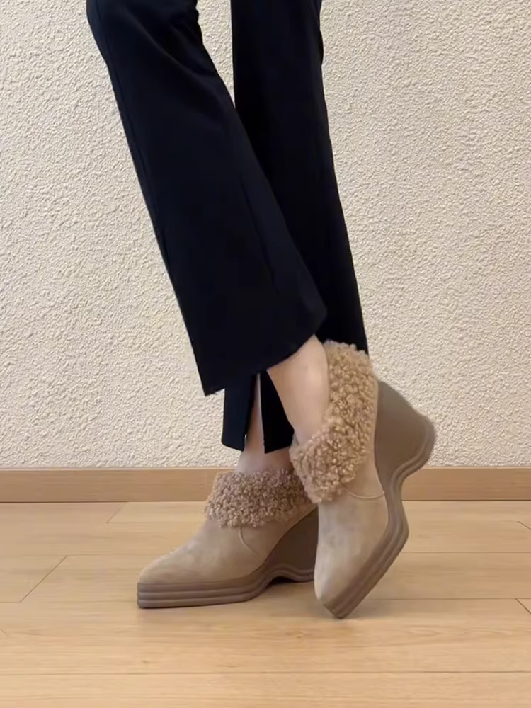 Phiên bản da cừu ~ Giày lười mũi nhọn có gót nêm dành cho nữ, giày da thật kiểu cổ điển, đế dày, lông nhung, giày da nhỏ