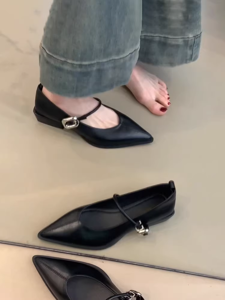 Phiên bản da cừu ~ Giày Mary Jane da thật mũi nhọn kiểu cổ điển dành cho nữ, kiểu dáng đa năng có quai đơn, gót vừa, miệng giày nông, giày đi làm thanh lịch.