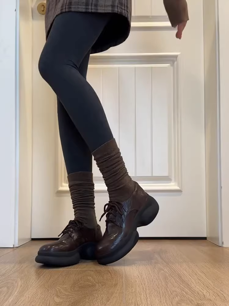 Phiên bản da bò ~ Giày lười buộc dây cổ sâu bằng da thật đế dày đơn giản dành cho phụ nữ nhỏ nhắn, giày da đế xuồng kiểu Pháp hợp thời trang.