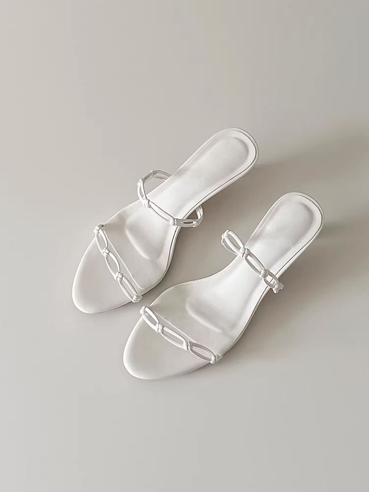 Phiên bản da cừu ~ Dép cao gót có dây đeo dệt theo phong cách tối giản dành cho nữ, mũi tròn, hở mũi, dép da thật đa năng kiểu cổ tích