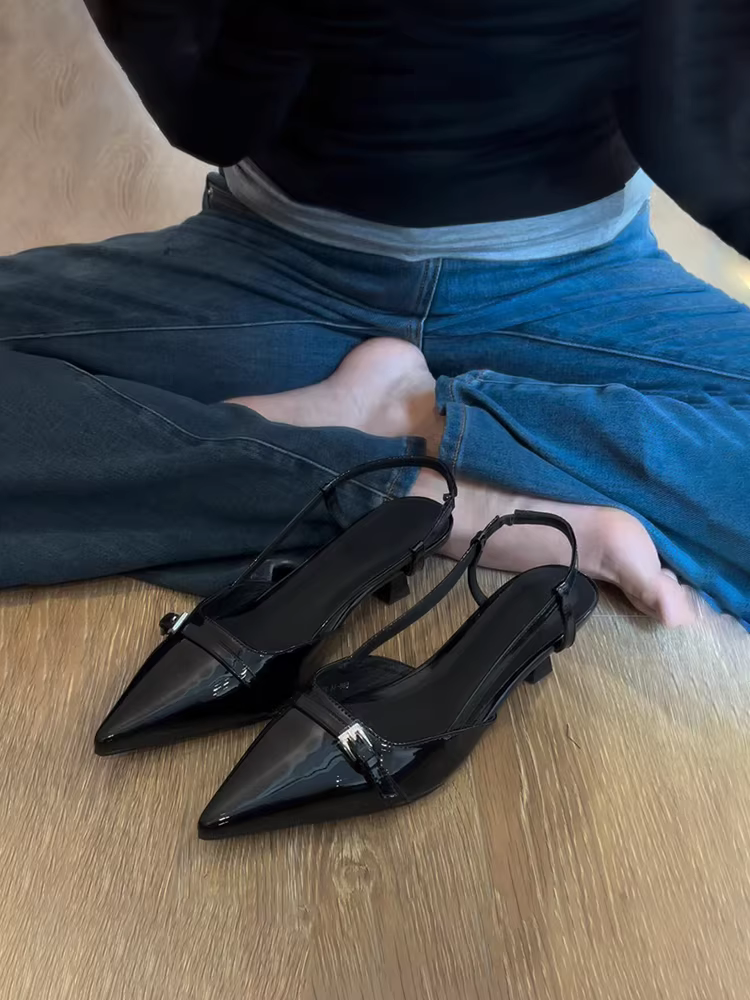 Phiên bản da cừu ~ Giày sandal da bóng không dây quai ngang kiểu Pháp thanh lịch dành cho nữ, giày mũi kín gót thấp màu đen đa năng