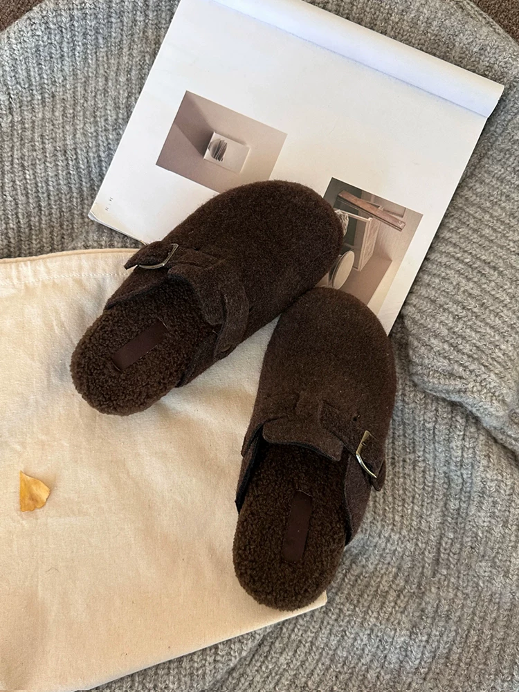 Phiên bản da cừu ~ Giày Birkenstock đế bằng đơn giản dành cho nữ với lớp lót lông mềm, giày lười mũi kín kiểu retro bằng chất liệu da lộn