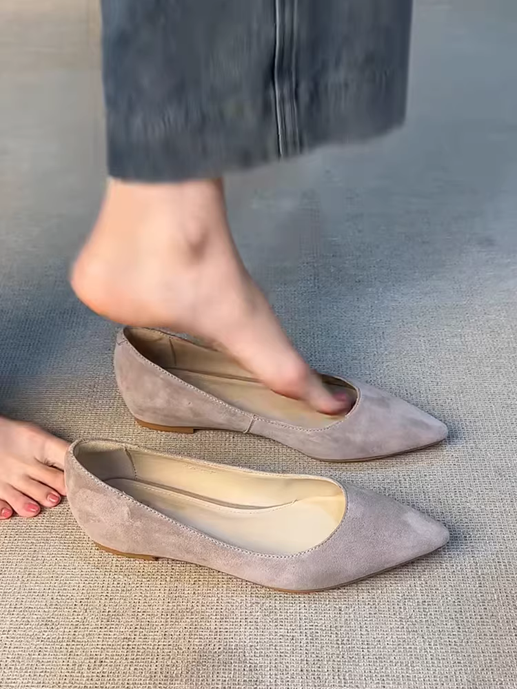 Phiên bản da cừu ~ Giày mũi nhọn nông bằng da lộn thật dành cho nữ, giày công sở tăng chiều cao theo phong cách retro thời trang để đi làm