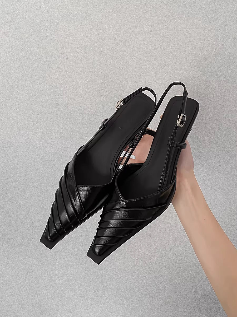 Phiên bản da cừu ~ Giày mũi nhọn có gót nhọn bằng da thật được làm thủ công bằng da thật dành cho nữ, mặc ngoài trời vào mùa hè, dép nửa gót hở lưng có gót thấp