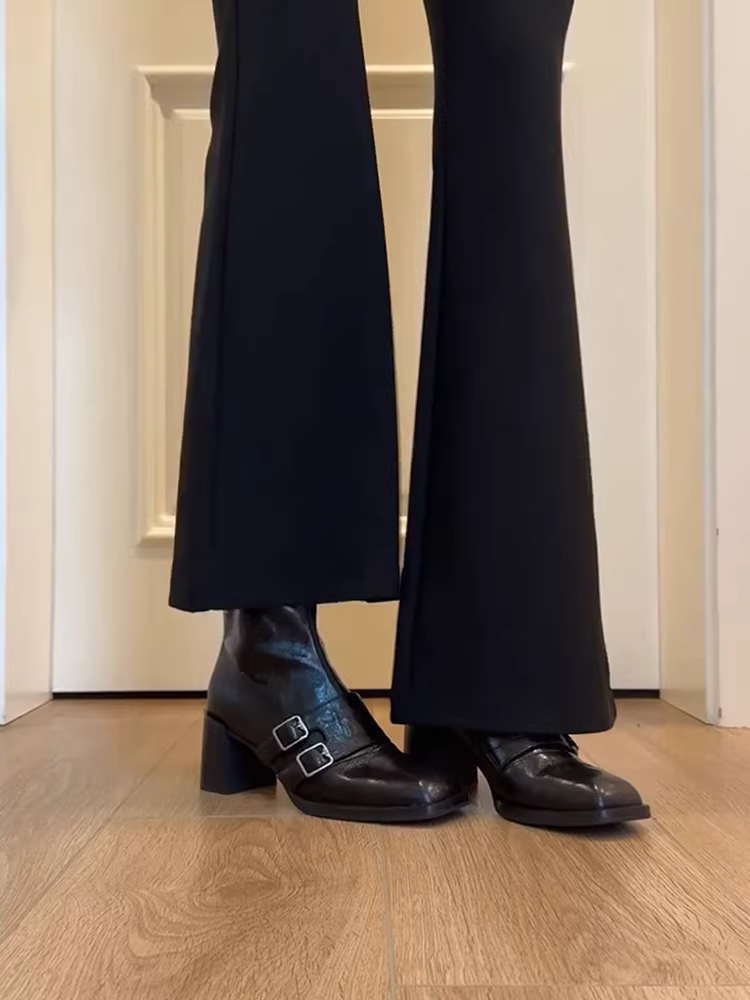 Phiên bản da bò ~ Giày bốt da thật kiểu cổ điển dành cho nữ, giày bốt mỏng có khóa thắt lưng đơn giản có khóa kéo phía sau, giày bốt ngắn mũi vuông cao gót