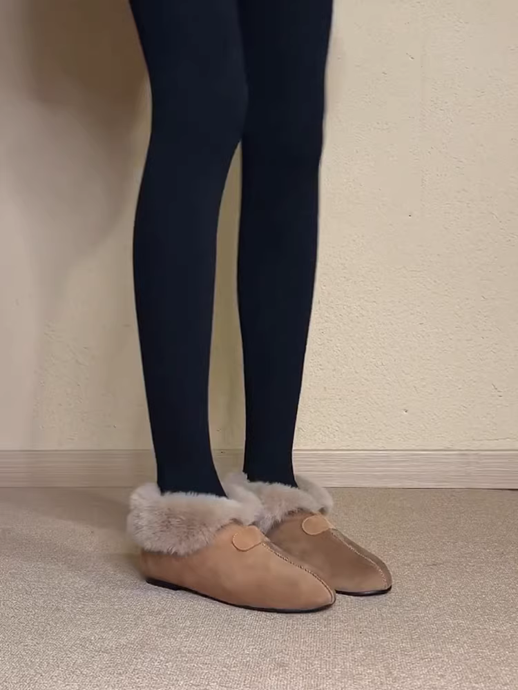 Phiên bản da cừu ~ trang phục ngoài trời thời trang và đa năng, giày đi tuyết ấm áp lót lông cừu dành cho nữ, giày bốt cotton lười đi dễ dàng, kiểu dáng đơn giản, cổ sâu