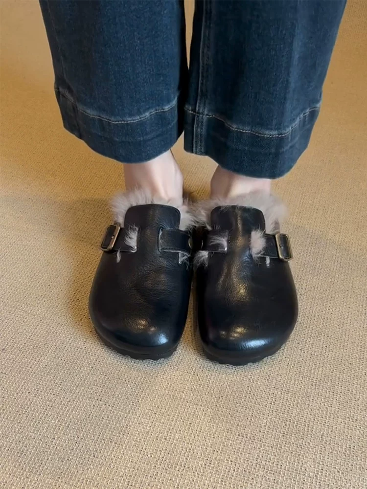 Phiên bản da cừu ~ Giày Birkenstock lười đi bằng lông thú dành cho nữ, phong cách cổ điển, lót lông cừu, dép nửa ấm áp, giày cotton đa năng.