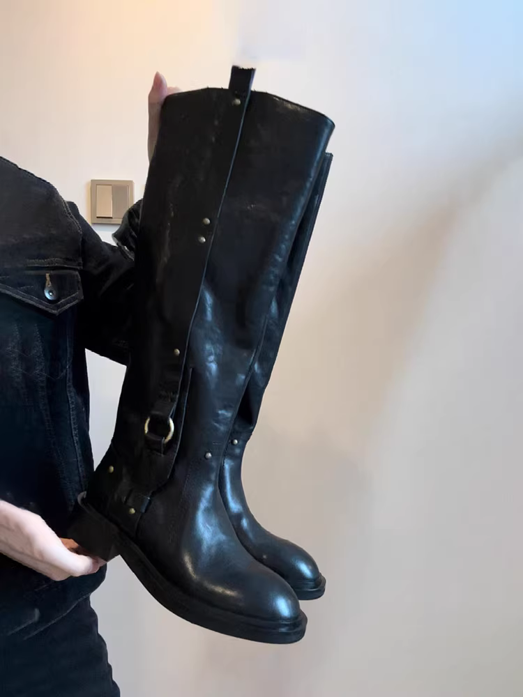Phiên bản da bò ~ Giày bốt cưỡi ngựa cao đến đầu gối có khóa kim loại thanh lịch dành cho nữ, giày bốt dài có khóa kéo bên hông bằng da thật màu đen